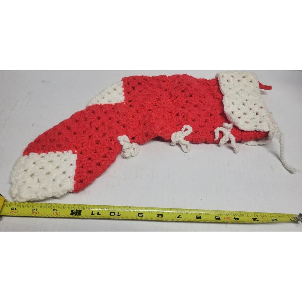 Vintage Handmade Crochet Christmas Stocking Red‎ White Bows Holiday Decor 14.5in